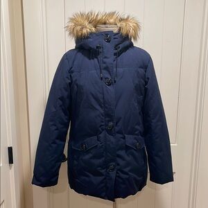 GERRY WEBER Large Coat/Ski Jacket NWOT Dark Blue Hood w/Faux Fur Trim